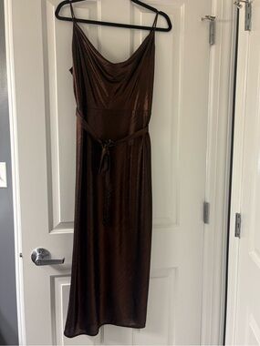 Adelyn Rae Metallic Chocolate Brown Cowl Neck Maxi Dress